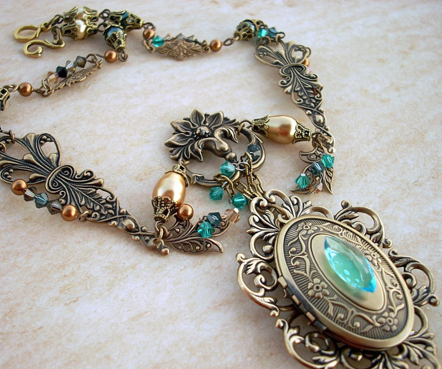 Brass Locket Necklace with Green and Gold Crystals - Aranwen's Jewelry
 - 2