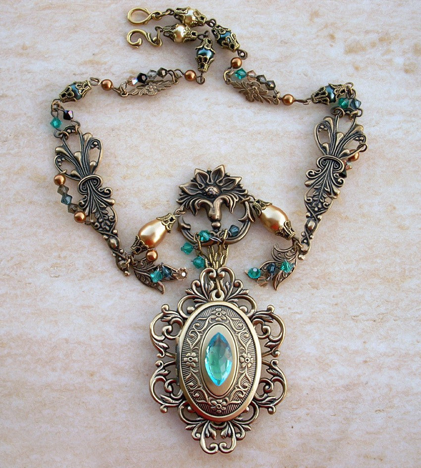 Brass Locket Necklace with Green and Gold Crystals - Aranwen's Jewelry
 - 3
