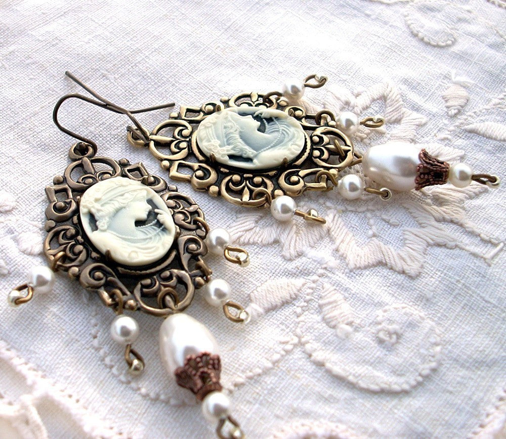 Brass Dangle Earrings with Cameo and White Pearls - Aranwen's Jewelry
 - 2