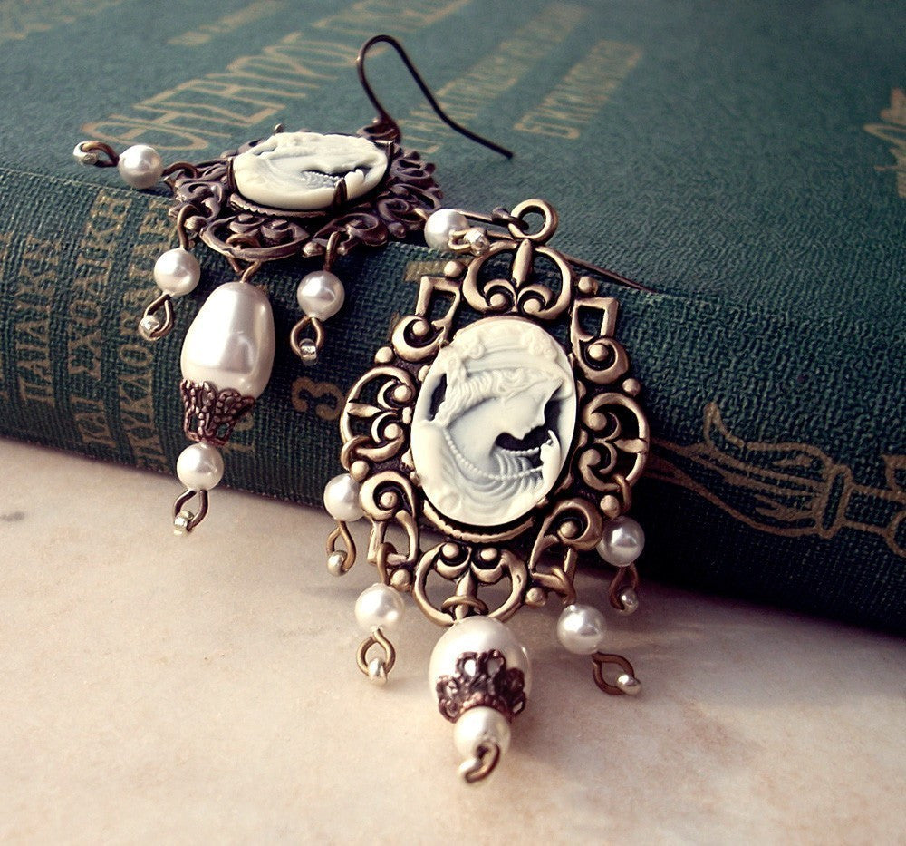 Brass Dangle Earrings with Cameo and White Pearls - Aranwen's Jewelry
 - 4